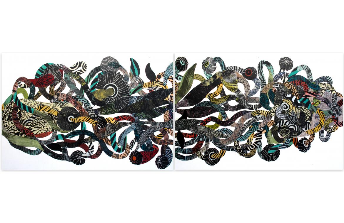 GIUNGLA, 2015, dittico, collage su tavola, 50x140cm