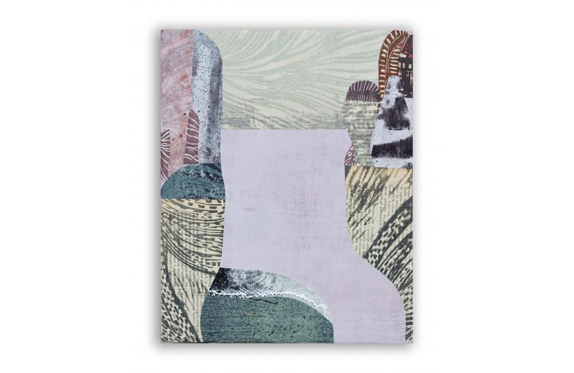 Stigmi, TAV. 11, 2025, collage su tavola, tecniche di stampa manuale, inchiostri, carta di riso, carta di giornale, 25x20x3cm ogni elemento