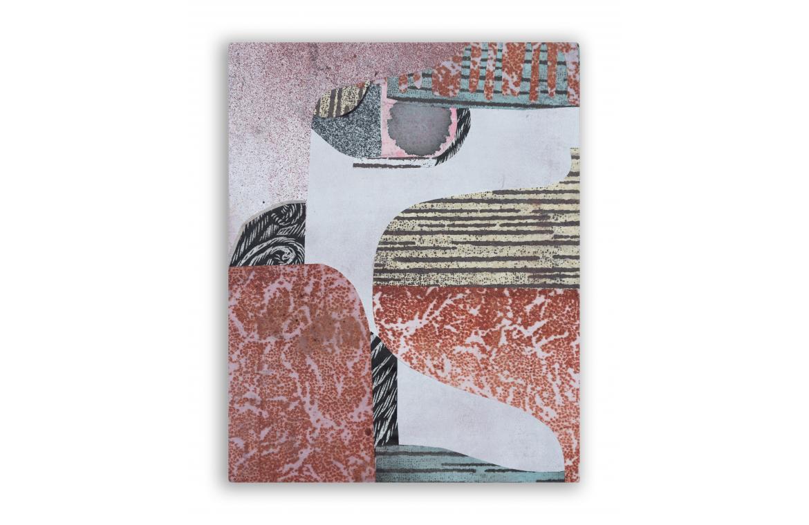 Stigmi, TAV. 3, 2024, collage su tavola, tecniche di stampa manuale, inchiostri, carta di riso, carta di giornale, 25x20x3cm ogni elemento