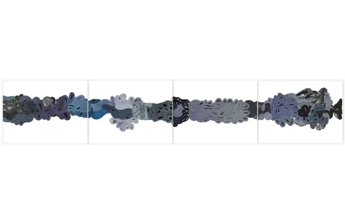 GROVIGLI grigio, 2014, quadrittico, collage su carta, 280x50cm