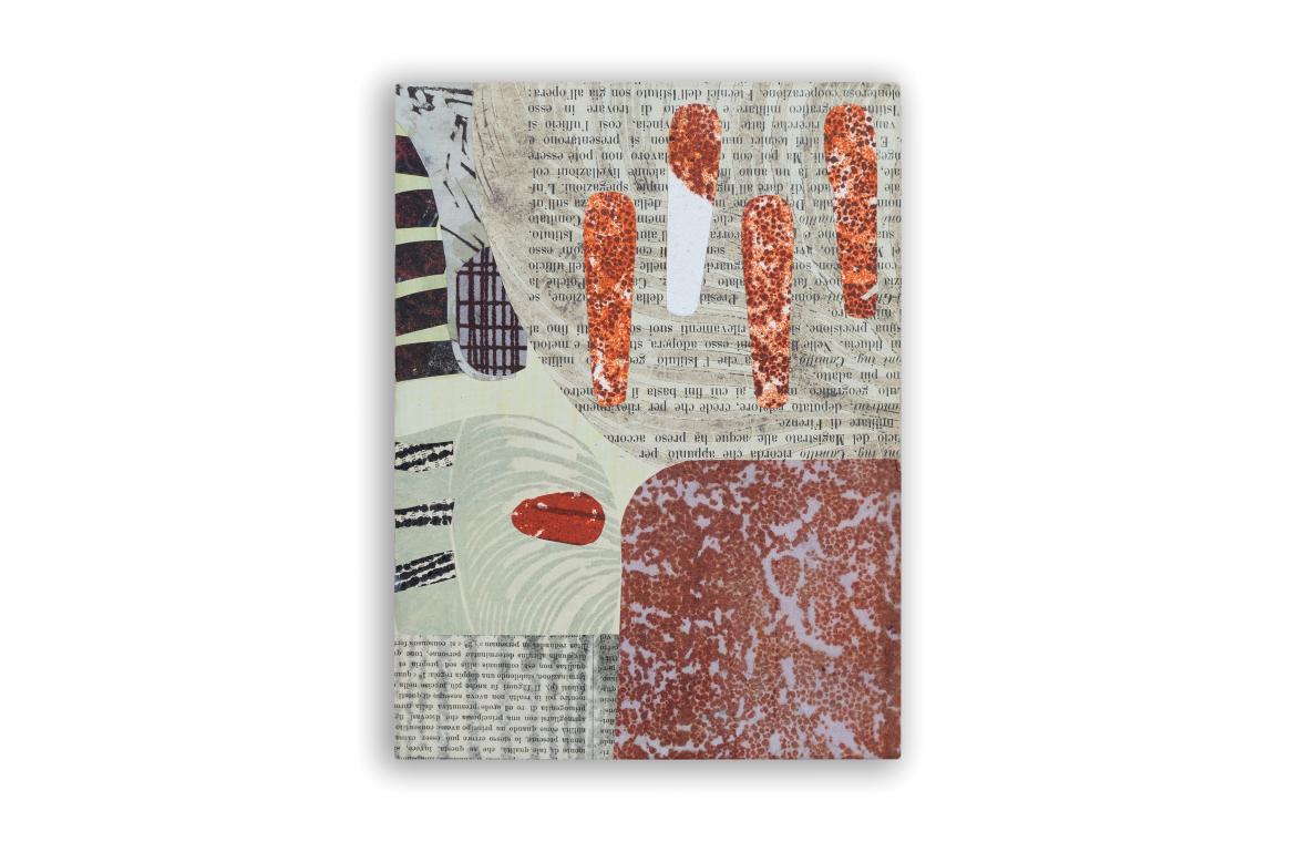 Stigmi, TAV. 2, 2024, collage su tavola, tecniche di stampa manuale, inchiostri, carta di riso, carta di giornale, 15x20x3cm ogni elemento
